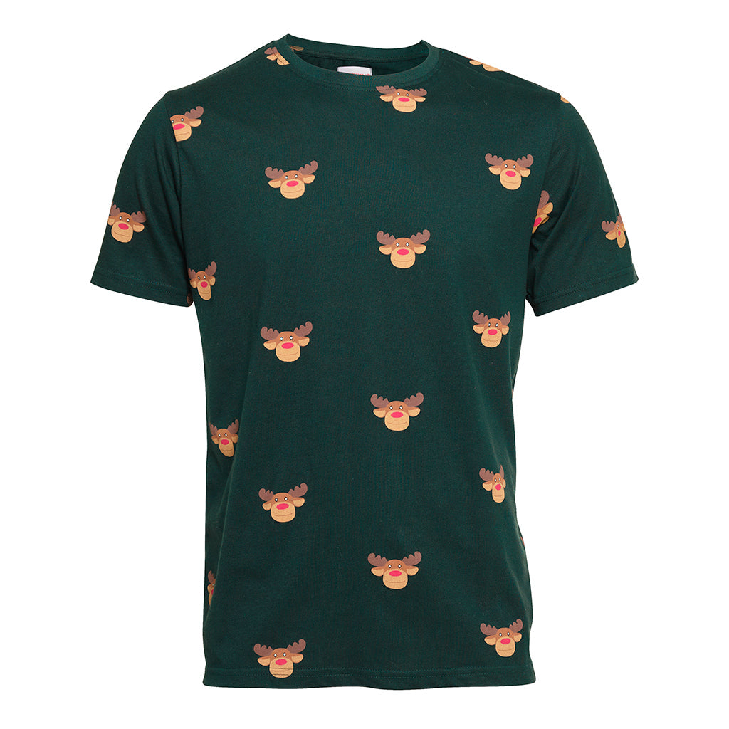 En mørkegrøn T-shirt med rensdyr på.